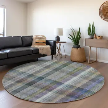8' Green And Purple Plaid Washable Round Rug With UV Protection