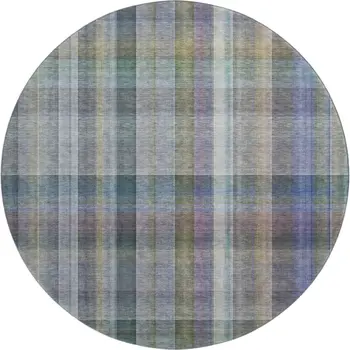 8' Green And Purple Plaid Washable Round Rug With UV Protection