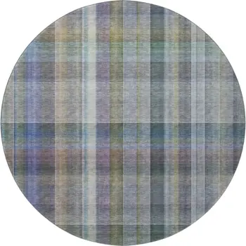 8' Green And Purple Plaid Washable Round Rug With UV Protection