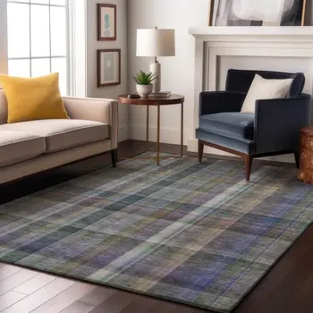 8' X 10' Green And Purple Plaid Washable Area Rug With UV Protection