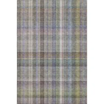 5' X 8' Pewter And Purple Plaid Washable Area Rug With UV Protection