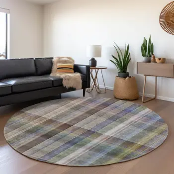 8' Pewter And Purple Plaid Washable Round Rug With UV Protection