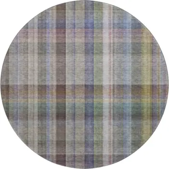8' Pewter And Purple Plaid Washable Round Rug With UV Protection