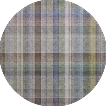 8' Pewter And Purple Plaid Washable Round Rug With UV Protection