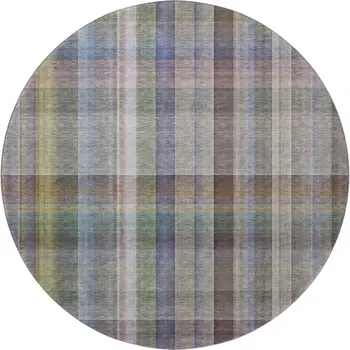 8' Pewter And Purple Plaid Washable Round Rug With UV Protection