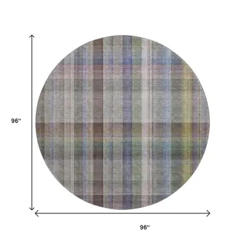 8' Pewter And Purple Plaid Washable Round Rug With UV Protection