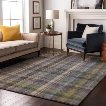 8' X 10' Pewter And Purple Plaid Washable Area Rug With UV Protection