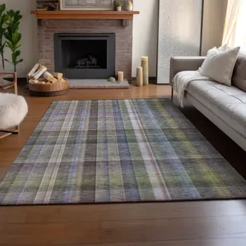 8' X 10' Pewter And Purple Plaid Washable Area Rug With UV Protection