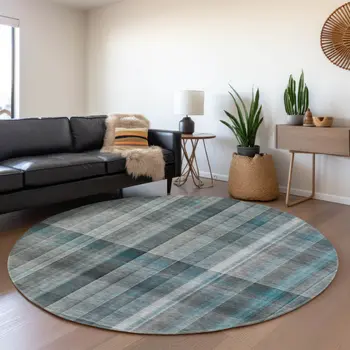 8' Teal And Ivory Plaid Washable Round Rug With UV Protection