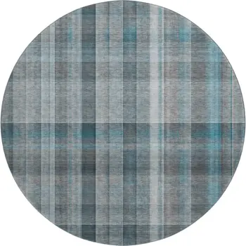 8' Teal And Ivory Plaid Washable Round Rug With UV Protection