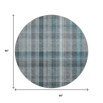 8' Teal And Ivory Plaid Washable Round Rug With UV Protection