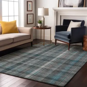8' X 10' Teal And Ivory Plaid Washable Area Rug With UV Protection