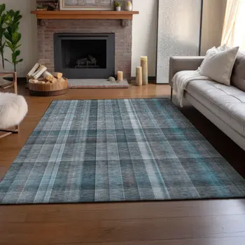 8' X 10' Teal And Ivory Plaid Washable Area Rug With UV Protection
