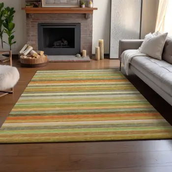 5' X 8' Fern Green Orange And Beige Striped Washable Area Rug With UV Protection