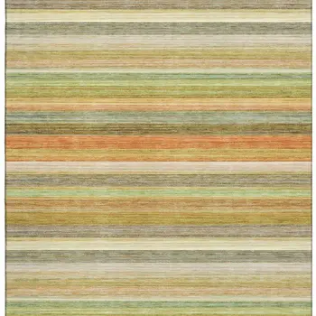 5' X 8' Fern Green Orange And Beige Striped Washable Area Rug With UV Protection