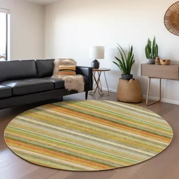 8' Fern Green Orange And Beige Striped Washable Round Rug With UV Protection