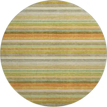 8' Fern Green Orange And Beige Striped Washable Round Rug With UV Protection