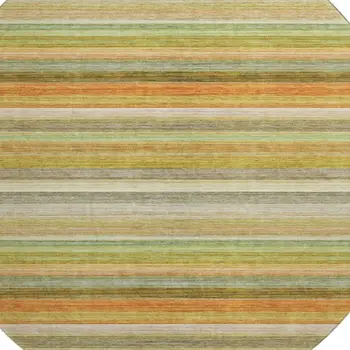 8' Fern Green Orange And Beige Striped Washable Round Rug With UV Protection