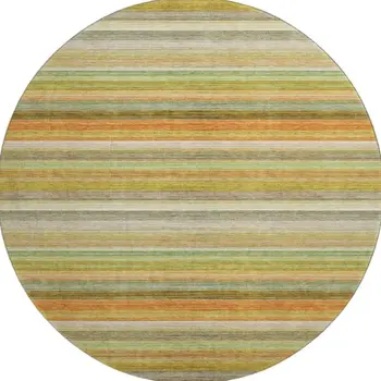 8' Fern Green Orange And Beige Striped Washable Round Rug With UV Protection
