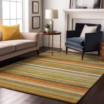 9' X 12' Fern Green Orange And Beige Striped Washable Area Rug With UV Protection