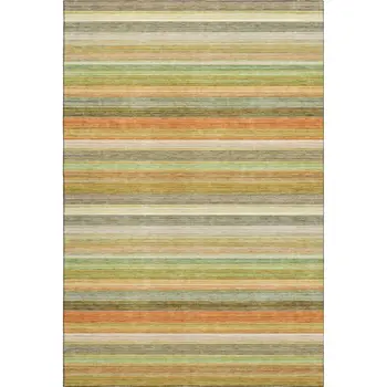 9' X 12' Fern Green Orange And Beige Striped Washable Area Rug With UV Protection