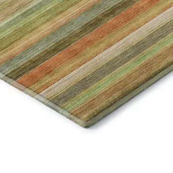 9' X 12' Fern Green Orange And Beige Striped Washable Area Rug With UV Protection
