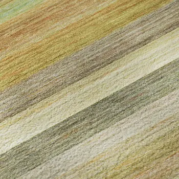 9' X 12' Fern Green Orange And Beige Striped Washable Area Rug With UV Protection