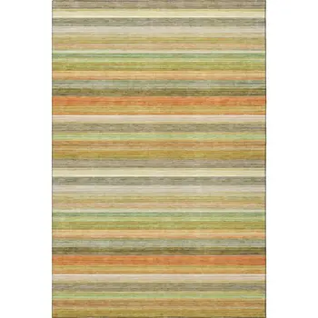 9' X 12' Fern Green Orange And Beige Striped Washable Area Rug With UV Protection