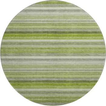 8' Fern Green Ivory And Gray Striped Washable Round Rug With UV Protection
