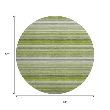 8' Fern Green Ivory And Gray Striped Washable Round Rug With UV Protection