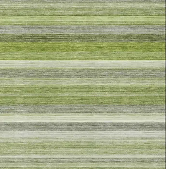 8' X 10' Fern Green Ivory And Gray Striped Washable Area Rug With UV Protection