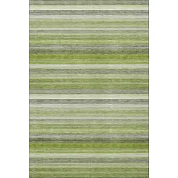 10' X 14' Fern Green Ivory And Gray Striped Washable Area Rug With UV Protection