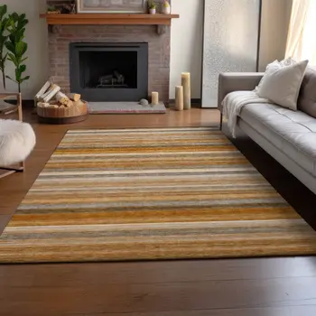 3' X 5' Rust Gray And Ivory Striped Washable Area Rug With UV Protection