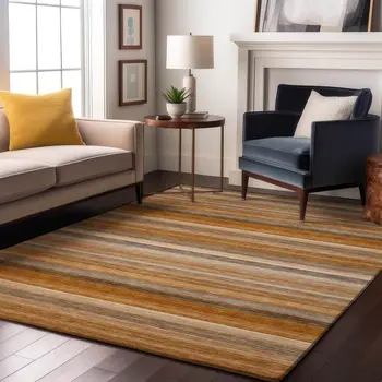 5' X 8' Rust Gray And Ivory Striped Washable Area Rug With UV Protection