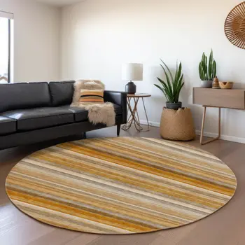 8' Rust Gray And Ivory Striped Washable Round Rug With UV Protection