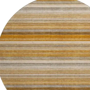 8' Rust Gray And Ivory Striped Washable Round Rug With UV Protection
