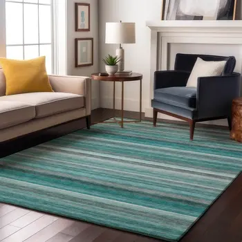5' X 8' Teal Gray And Ivory Striped Washable Area Rug With UV Protection