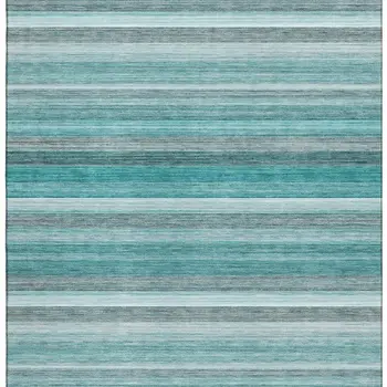 9' X 12' Teal Gray And Ivory Striped Washable Area Rug With UV Protection