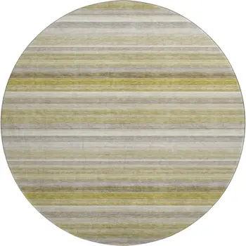 8' Wheat Gray And Ivory Striped Washable Round Rug With UV Protection
