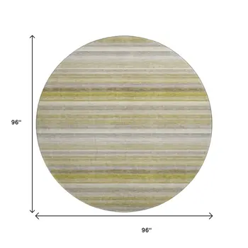 8' Wheat Gray And Ivory Striped Washable Round Rug With UV Protection