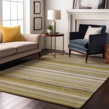 9' X 12' Wheat Gray And Ivory Striped Washable Area Rug With UV Protection