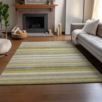 9' X 12' Wheat Gray And Ivory Striped Washable Area Rug With UV Protection