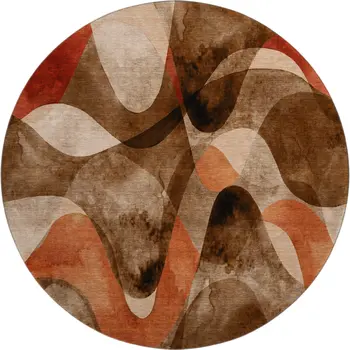 8' Chocolate Beige And Copper Abstract Washable Round Rug With UV Protection