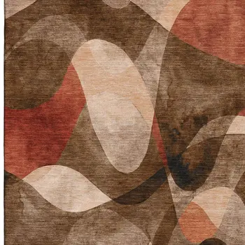 9' X 12' Chocolate Beige And Copper Abstract Washable Area Rug With UV Protection