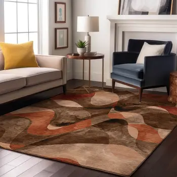 10' X 14' Chocolate Beige And Copper Abstract Washable Area Rug With UV Protection