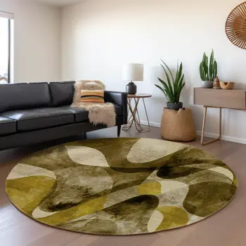8' Coffee Gold And Ivory Abstract Washable Round Rug With UV Protection