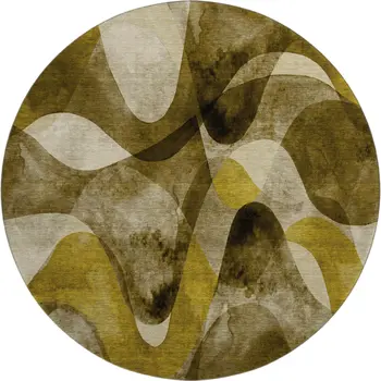 8' Coffee Gold And Ivory Abstract Washable Round Rug With UV Protection