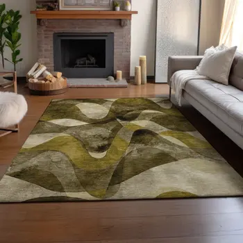 10' X 14' Coffee Gold And Ivory Abstract Washable Area Rug With UV Protection