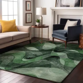 5' X 8' Fern Green Gray And Ivory Abstract Washable Area Rug With UV Protection