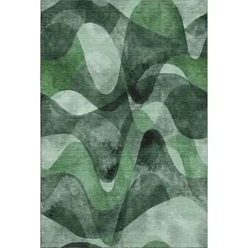 5' X 8' Fern Green Gray And Ivory Abstract Washable Area Rug With UV Protection